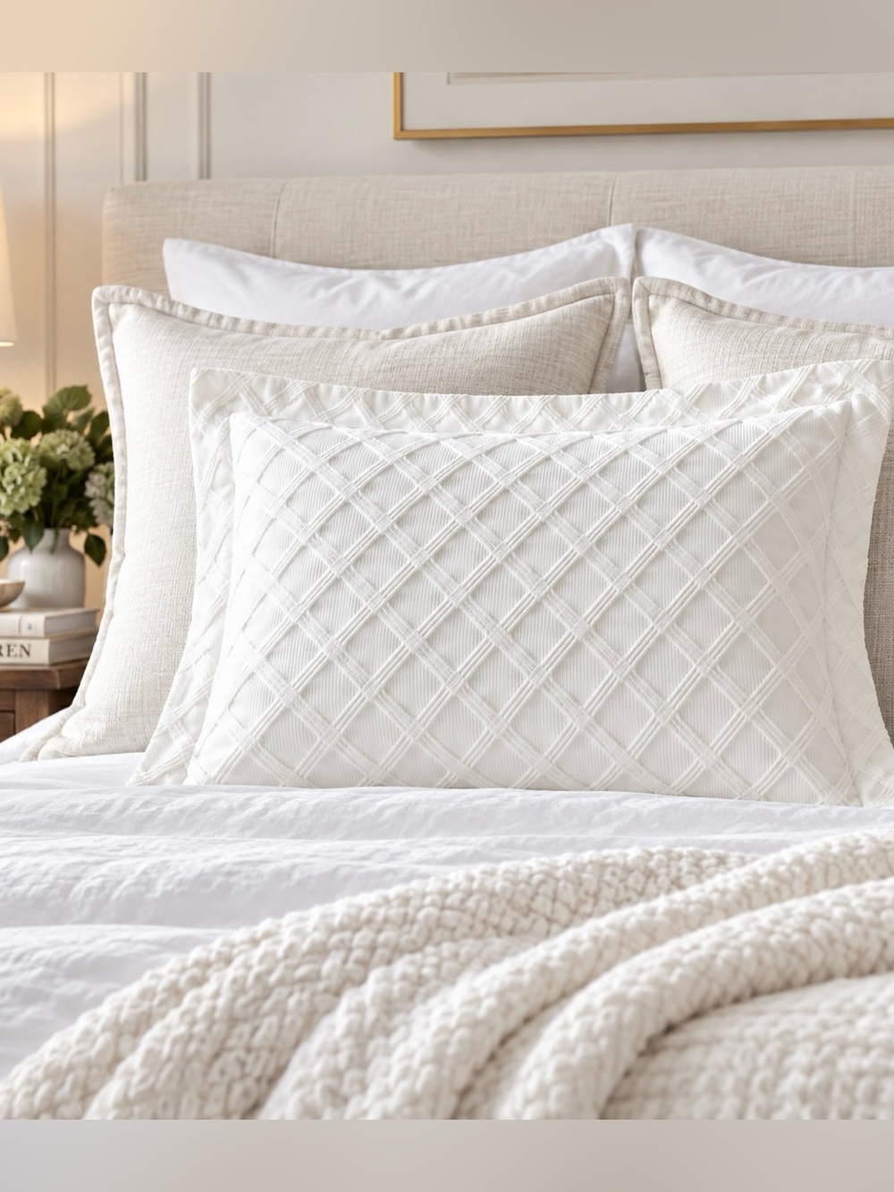 Lauren Ralph Lauren White Matelasse Standard Pillow Sham Logo Buttons